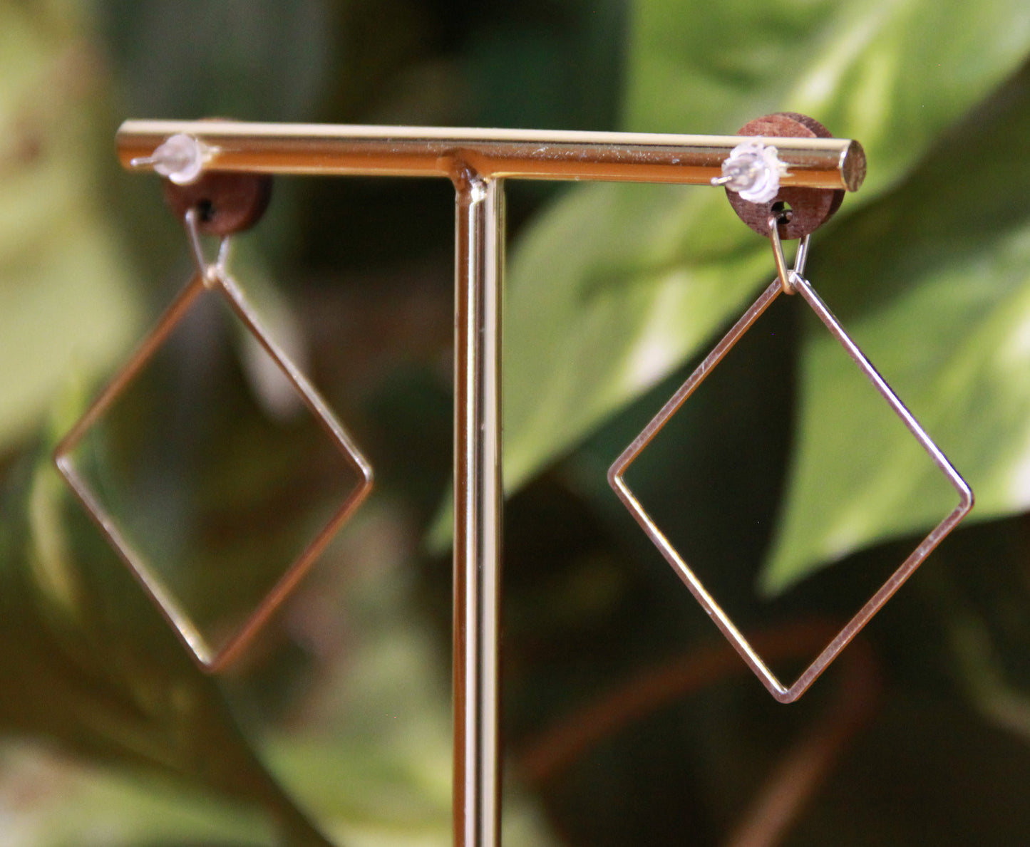 Medium Silver Square with Wood Stud Earrings
