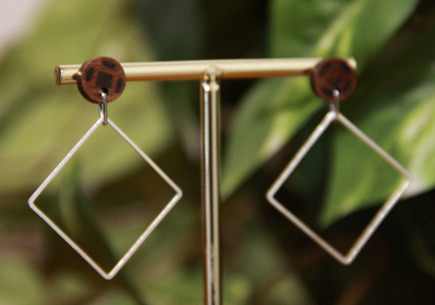 Medium Silver Square with Wood Stud Earrings
