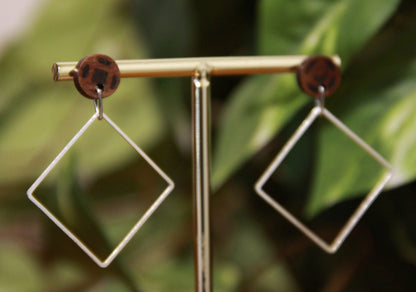 Medium Silver Square with Wood Stud Earrings