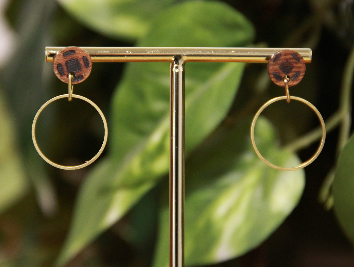 Small Gold Ring with Wood Stud Earrings