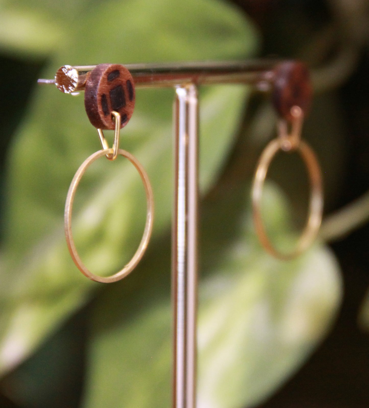 Small Gold Ring with Wood Stud Earrings