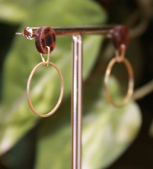 Small Gold Ring with Wood Stud Earrings