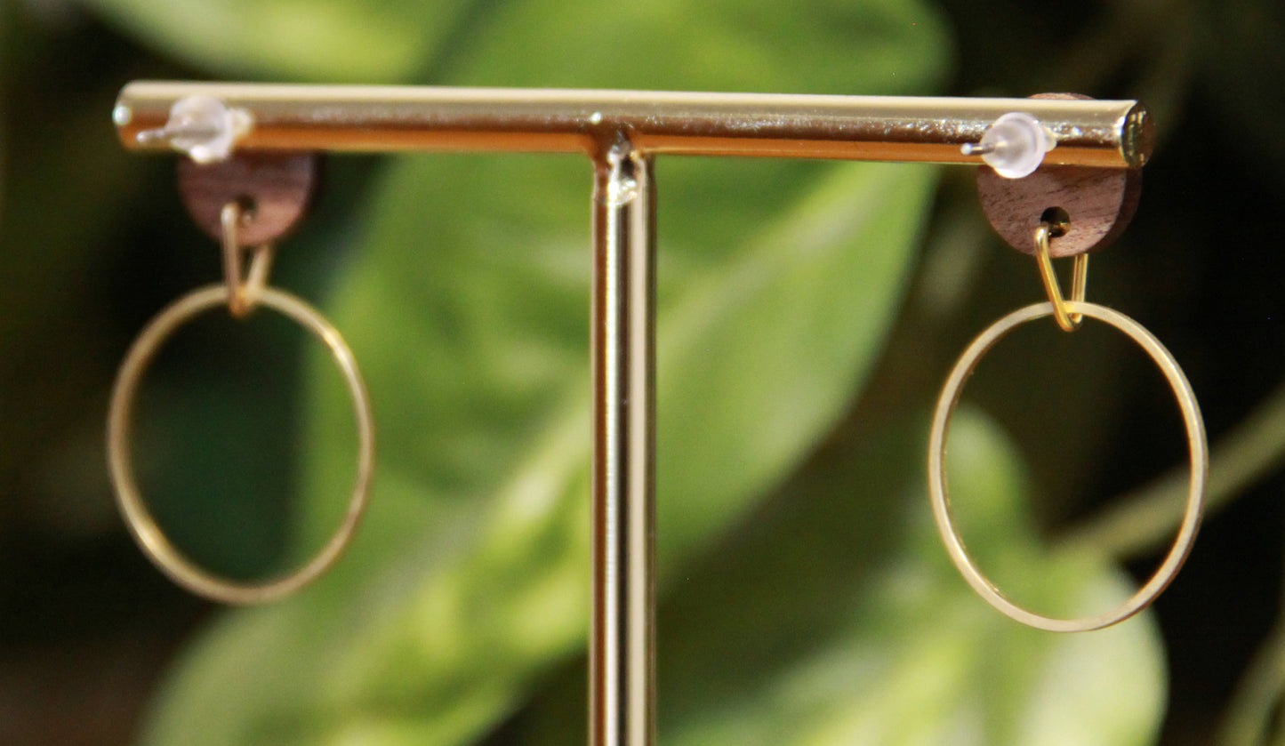 Small Gold Ring with Wood Stud Earrings
