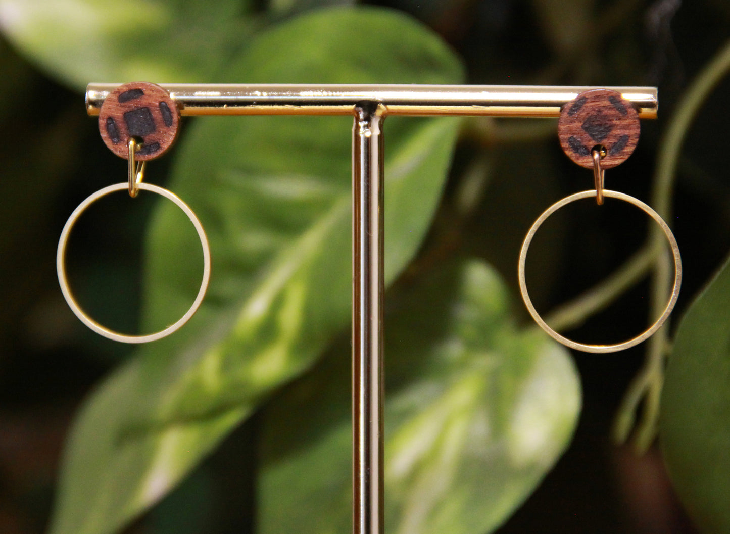 Small Gold Ring with Wood Stud Earrings