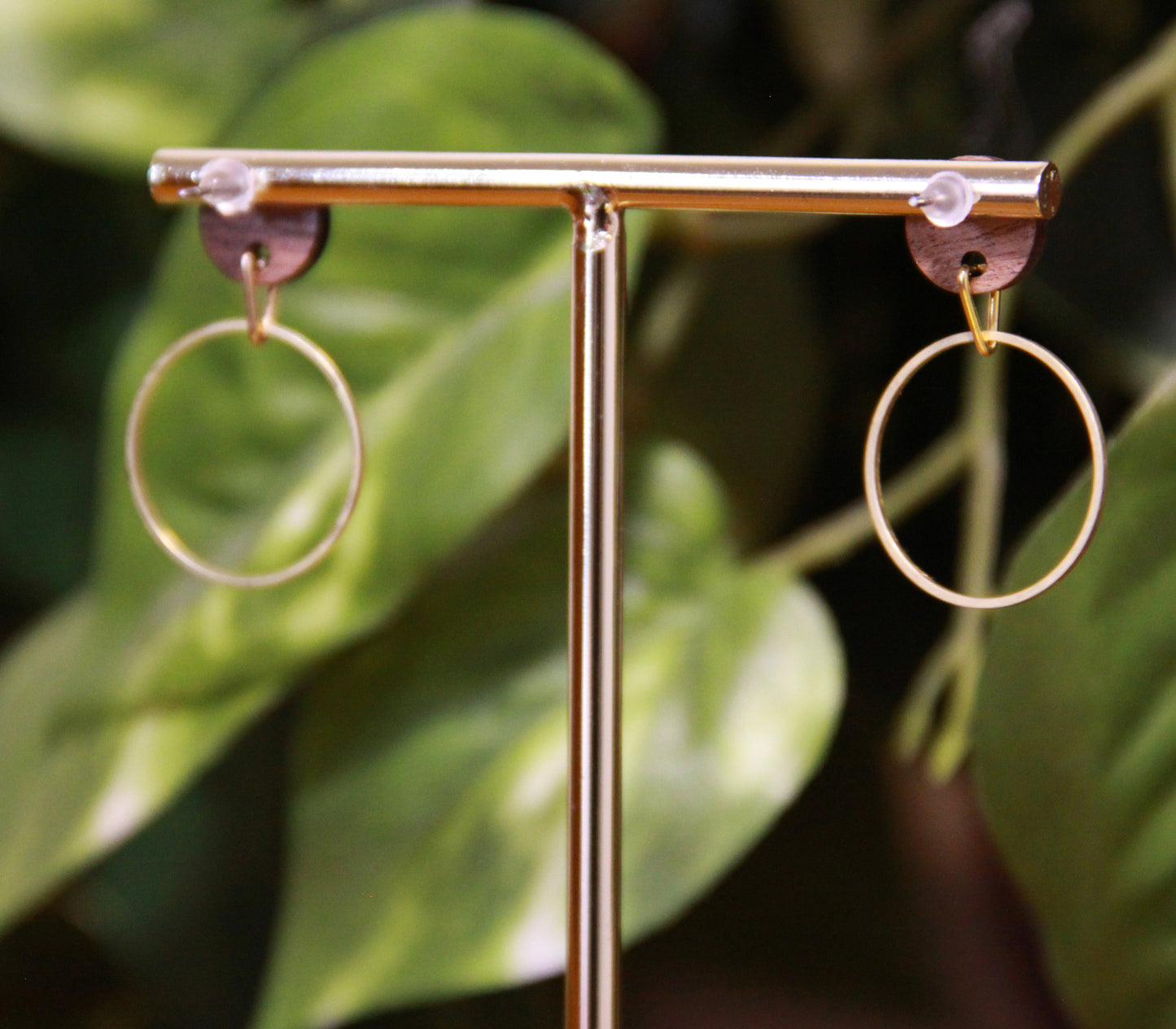Small Gold Ring with Wood Stud Earrings