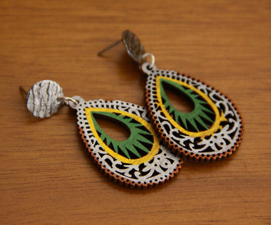 Green, Gold and Silver Teardrop Filigree Earrings