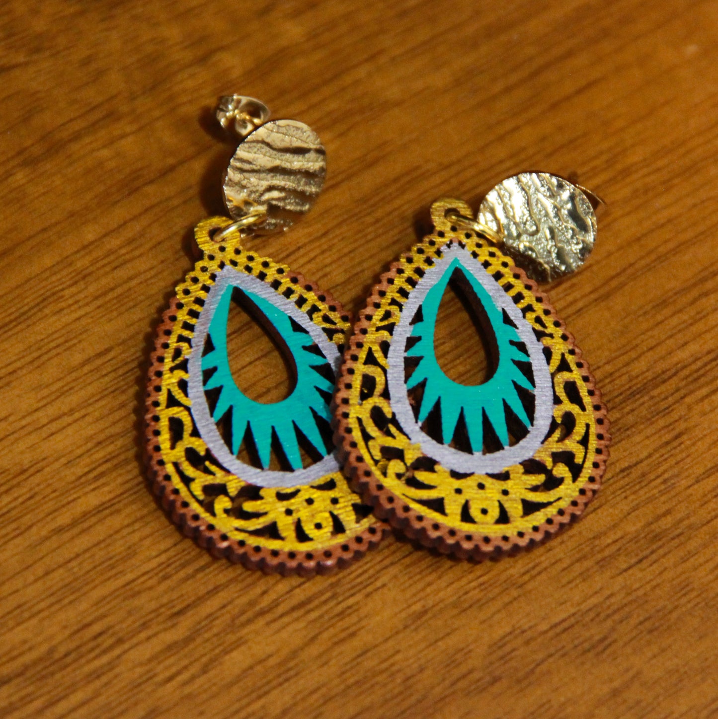 Light Blue and Gold Teardrop Filigree Earrings