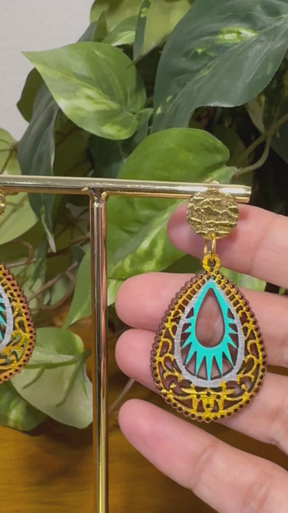 Light Blue and Gold Teardrop Filigree Earrings