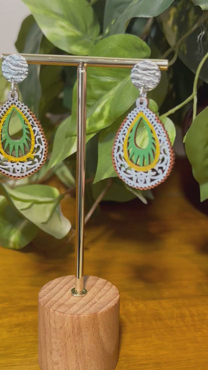 Green, Gold and Silver Teardrop Filigree Earrings